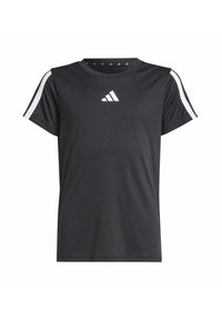 T-shirt nera a maniche corte realizzata in tessuto leggero, con strisce laterali bianche e un piccolo logo bianco sul petto.