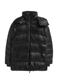 Svart vadderad jacka med dragkedja, hög krage, sidofickor och ett quiltat mönster med glansig yta.