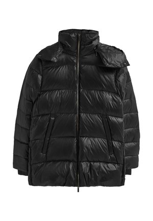 Sort dunjakke med lynlås, høj krave, sidelommer og et quiltet design med en blank finish.
