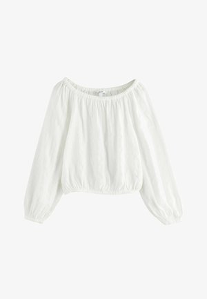 White long-sleeve off-shoulder blouse with elasticized neckline, cuffs, and hem, made of lightweight textured fabric.