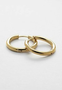 Orecchini a cerchio dorati con una finitura lucida, forma circolare e texture liscia; presentano una chiusura a cerniera per un facile utilizzo.