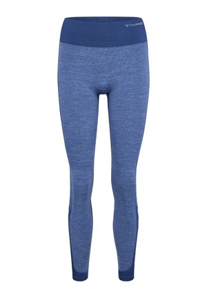 Navy blue leggings in a textured, stretchy fabric. Features a high waistband and side panels for flexibility and movement.