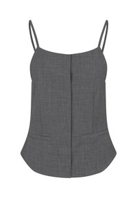 Haut sans manches gris avec des bretelles fines, présentant un tissu texturé, un ourlet fuselé et deux poches avant pour un détail supplémentaire.