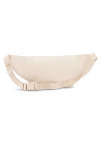 Beige nylon övtáska ívelt formával, állítható pánttal és műanyag csattal. A pánton dombornyomott márkanevével rendelkezik. Sima textúra.