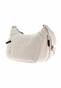 Sac à épaule en tissu beige côtelé avec une bandoulière réglable et deux tirettes de fermeture éclair noires visibles sur les poches avant et latérales.