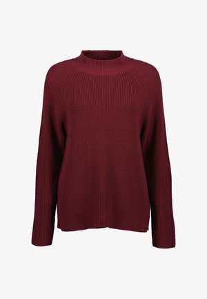 Bordeauxroter gerippter Strickpullover mit langen Ärmeln, Rundhalsausschnitt und lockerer Passform.