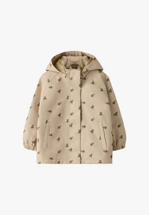 Ploaie bej cu glugă, cu model uniform de albine maro și negre, buzunare frontale, manșete elastice și închidere frontală cu fermoar ascuns.