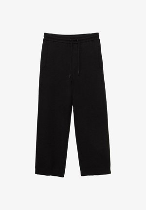 Pantaloni neri a gamba larga realizzati in tessuto morbido, dotati di una vita elastica con cordino, due tasche laterali e polsini a coste.