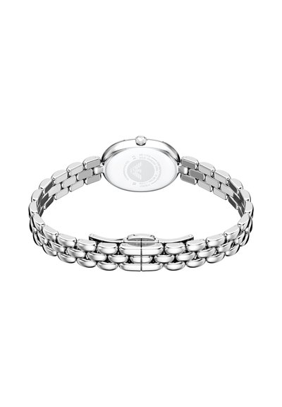 Silberne Armbanduhr aus Edelstahl mit einem glatten, polierten Armband und einem runden Gehäuse mit dekorativer Krone und graviertem Boden.