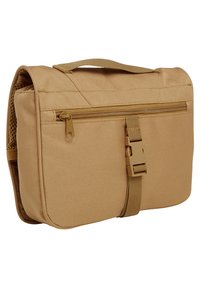 Borsa organizer in tessuto beige con tasca con zip, tracolla regolabile e manico robusto. Dispone di una tasca laterale in rete per ulteriore spazio di archiviazione.