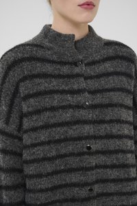Gray wool cardigan featuring horizontal black stripes, a stand collar, and black buttons. The texture is fuzzy and soft.