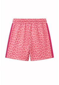 Short de sport rose avec des taches léopard rose plus foncé et des bandes latérales unies rose foncé, avec une ceinture élastique.