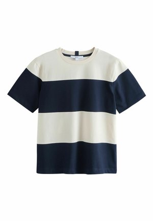 Short-sleeve crew neck t-shirt with wide horizontal stripes in navy blue and cream colors.