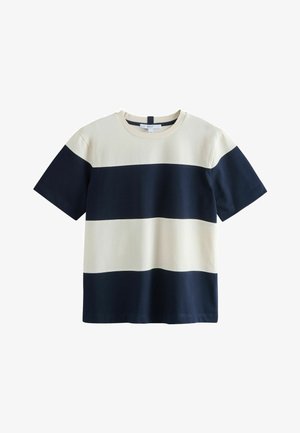 T-shirt met korte mouwen en ronde hals, voorzien van brede horizontale strepen in marineblauw en crèmekleur.