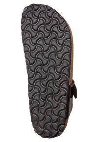Suola di sandalo in gomma nera con un motivo testurizzato circolare. Presenta un intersuola in sughero e una cinghia laterale con fibbia per la regolazione.