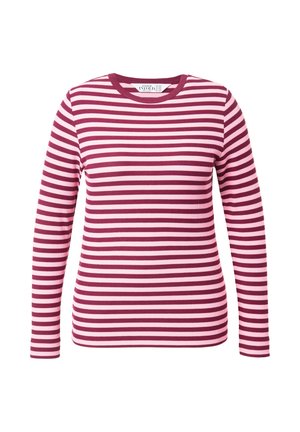 Langarmtop in bordeauxrood en lichtroze strepen, ribbeltextuur, ronde halslijn, getailleerd ontwerp en zachte stof.