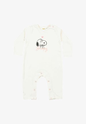 Tuta bianca per neonati a maniche lunghe con bottoni rosa, con il volto di Snoopy, un piccolo cuore rosa sopra e la scritta "Snoopy" sotto in corsivo rosa.