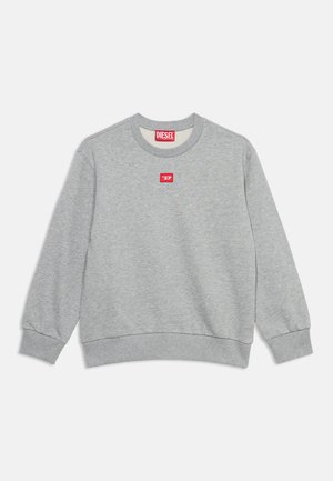 Lysegrå langærmet sweatshirt med rund hals og ribbet manchetter og kant, med et lille rødt logo patch midt på brystet.