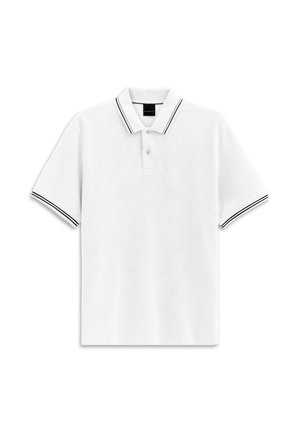 Weißes Poloshirt aus strukturiertem Material, mit einer Drei-Knopf-Leiste und kontrastierendem dunklem Besatz am Kragen und den Ärmeln.