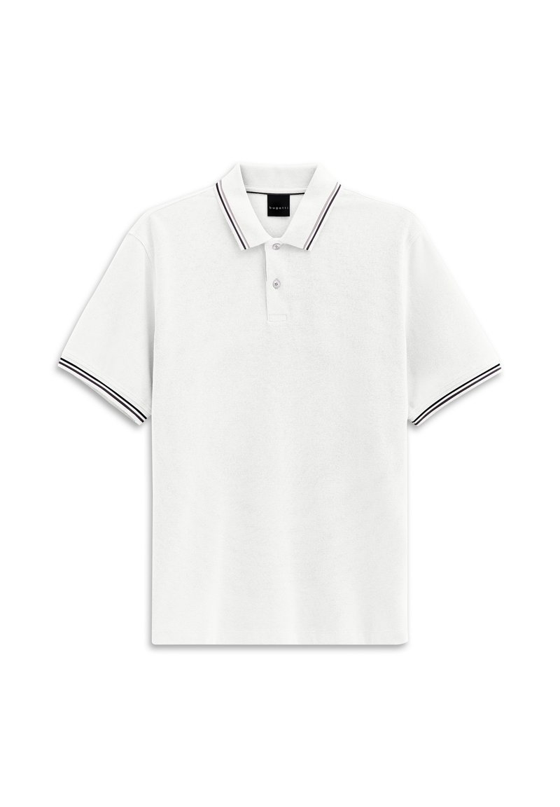 Weißes Poloshirt aus strukturiertem Material, mit einer Drei-Knopf-Leiste und kontrastierendem dunklem Besatz am Kragen und den Ärmeln.