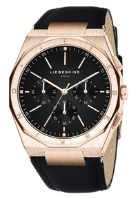 Zwarte chronograaf horloge met een achthoekige roségouden kast, zwarte wijzerplaat en drie subdials. Voorzien van een zwarte leren band met stiksel.