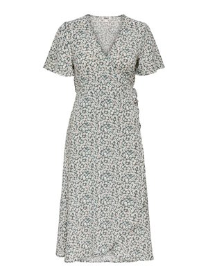 Zelena haljina na preklop s kratkim rukavima leptir uzorka i malim bijelim printom tratinčica, do koljena, lagane tkanine, V-izrez na dekolteu.