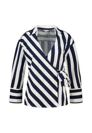 Blouse portefeuille rayée bleu marine et blanc avec manches trois-quarts, col et fermeture nouée sur le côté.