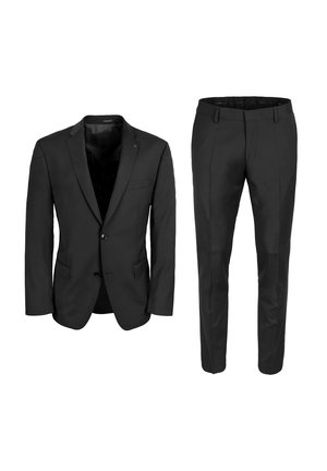 Sort jakkesæt jakke og bukser. Jakken har klapkraver, to forlommer og en enkelt knaplukning. Bukserne har en lige pasform.