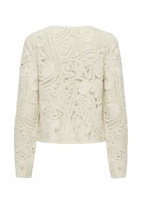 Veste crochetée à manches longues couleur crème avec des motifs floraux et de dentelle abstraite, vue de dos.