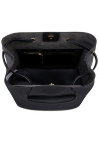 Black leather handbag with a soft interior. Features gold hardware, a zip pocket, and dual handles. Smooth exterior and spacious design.