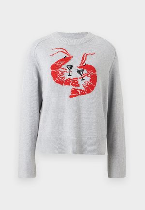 Pull gris en tricot avec un grand motif de homard rouge tenant des verres à martini. Ourlet et poignets côtelés pour plus de texture. Coupe décontractée.