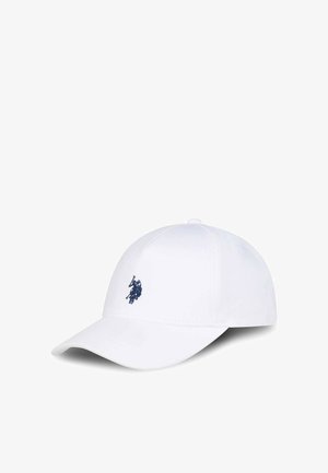 White baseball cap with a curved visor, featuring a dark blue embroidered logo on the front. Smooth fabric with a structured design.