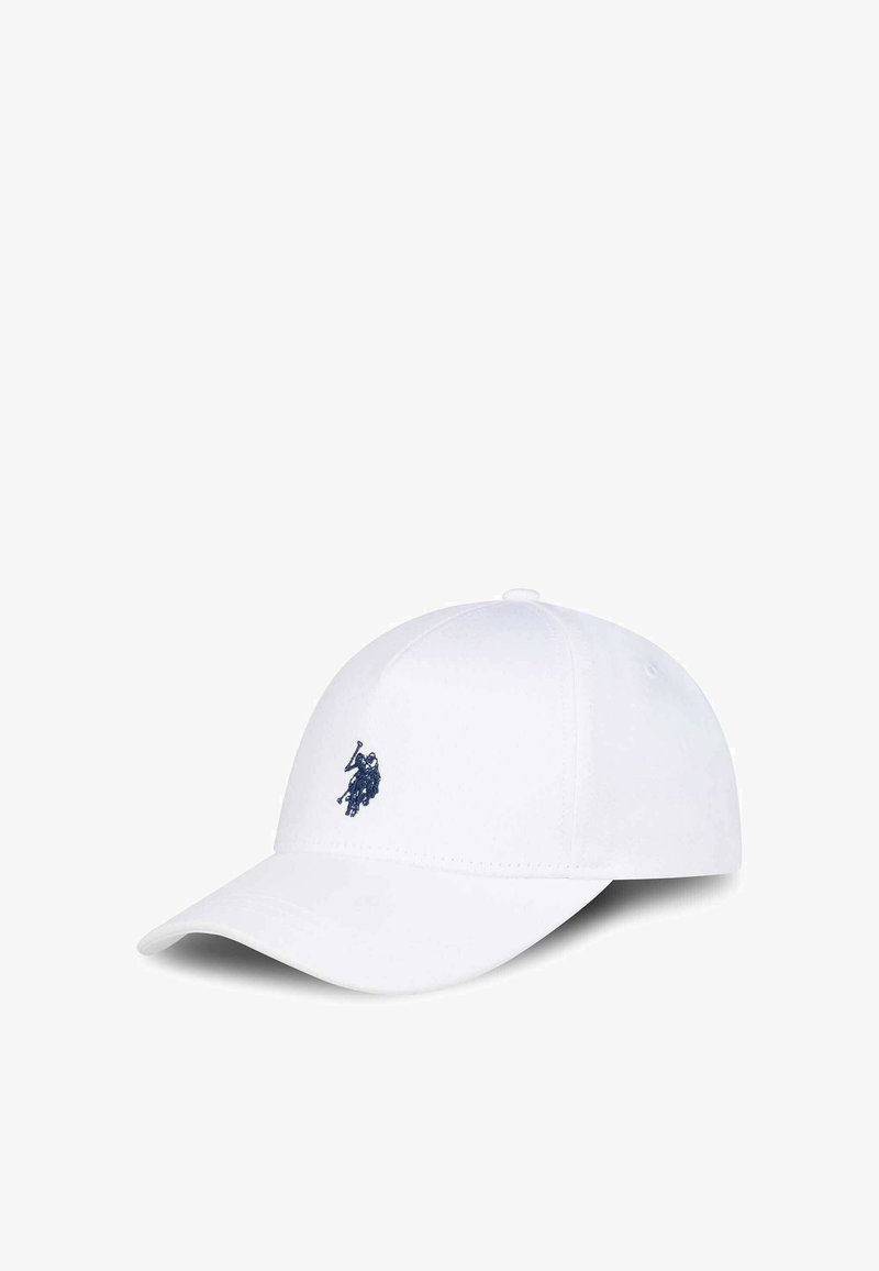 White baseball cap with a curved visor, featuring a dark blue embroidered logo on the front. Smooth fabric with a structured design.