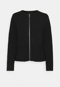 Schwarze langärmlige Jacke mit rundem Halsausschnitt und durchgehendem silbernen Reißverschluss mit runder Zipper-Ziehfläche.