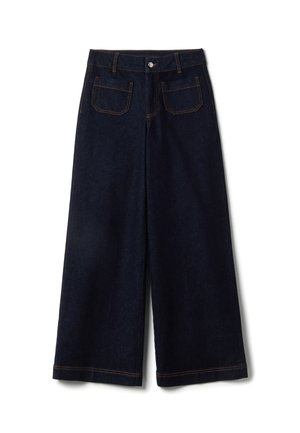 Dark blue wide-leg jeans made from denim. Features include a high waist, five pockets, and visible contrast stitching along the seams.