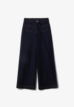 Dark blue wide-leg jeans made from denim. Features include a high waist, five pockets, and visible contrast stitching along the seams.