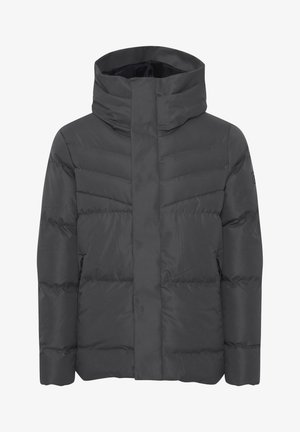 Tumehall puffer-jakk, millel on kõrge krae, chevron-ööbik ja lukuga taskud. Materjal on sile ja mati viimistlusega.