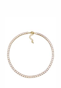 Halskette in Goldton mit einer Reihe klarer rechteckiger Kristalle, gesichert mit einem Karabinerverschluss und verstellbarer Kette.