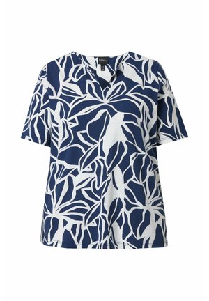 Kurzärmeliges V-Ausschnitt-Shirt mit marineblauem und weißem abstraktem Blattmuster, legerer Schnitt und geradem Saum.