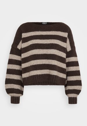 Brown and beige wide horizontal striped knit sweater with long balloon sleeves and ribbed cuffs and hem.