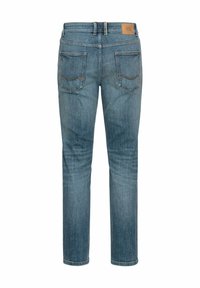 Blå denim jeans med lige pasform. Funktioner inkluderer to baglommer, et læderpatch på linningen og syningsdetaljer.