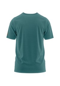 Teal korte mouw t-shirt met een ronde hals, een soepele textuur en een subtiele glans; heeft een klein logo-label op de linker mouw.