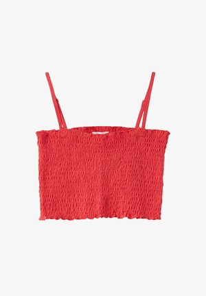 Rotes, kurzes Oberteil mit gerafftem Stoff und dünnen, verstellbaren Spaghettiträgern vor weißem Hintergrund.