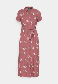 Różowa, krótko-sleeve sukienka z kwiatowym wzorem, kołnierzykiem, zapięciem na guziki i paskiem w talii. Wykonana z lekkiego materiału.