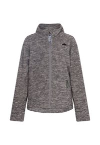 Giacca in pile grigia con colletto alto, zip frontale completa e logo dell'ombrello nero sul petto. Presenta una texture liscia e una vestibilità comoda.