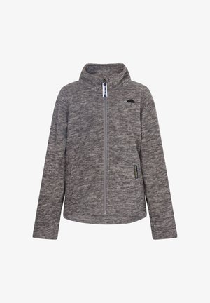 Hallikas fliisjakks kõrge kraega, täispikad lukud ning must vihmavarju logo rinna peal. Omab sileda tekstuuri ja vabamat lõiget.