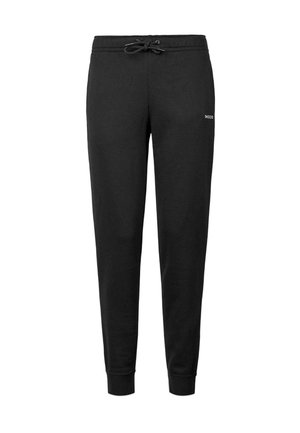 Pantaloni tuta neri realizzati in tessuto morbido, con vita elastica dotata di cordino e polsini a coste, che offrono una vestibilità affusolata.