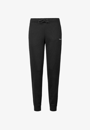 Pantaloni tuta neri realizzati in tessuto morbido, con vita elastica dotata di cordino e polsini a coste, che offrono una vestibilità affusolata.