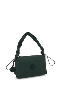 Borsa a mano di tessuto verde con superficie testurizzata, chiusura con zip e manico intrecciato; presenta un accento con logo e un piccolo dettaglio di portachiavi.
