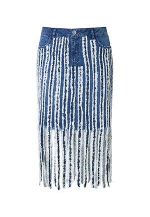 Jupe en denim avec des motifs de franges blanches verticales, une taille cintrée et un ourlet effiloché, au design mi-long dans des tons de bleu.